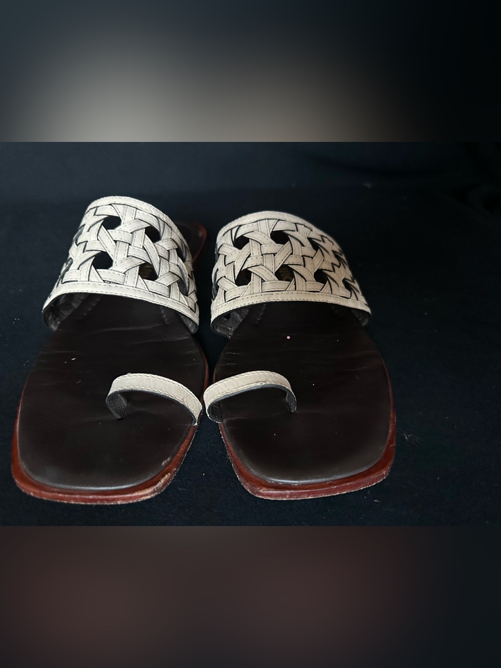 Tory Burch basket wave Cream Bone  Braided Leather Slide Sandals with Brown 8.5 - Picture 4 of 12